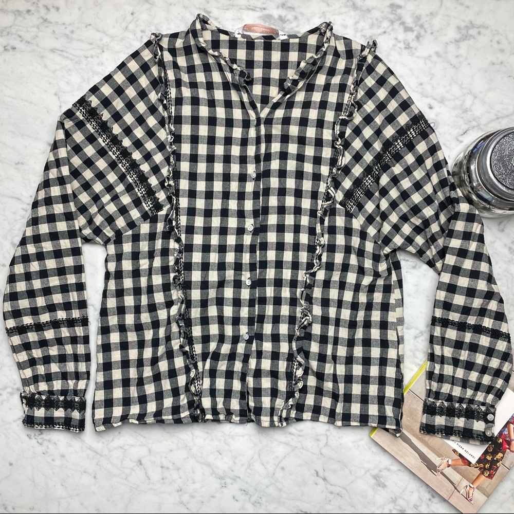Zara Check Print Ruffle Long Sleeve Button Down